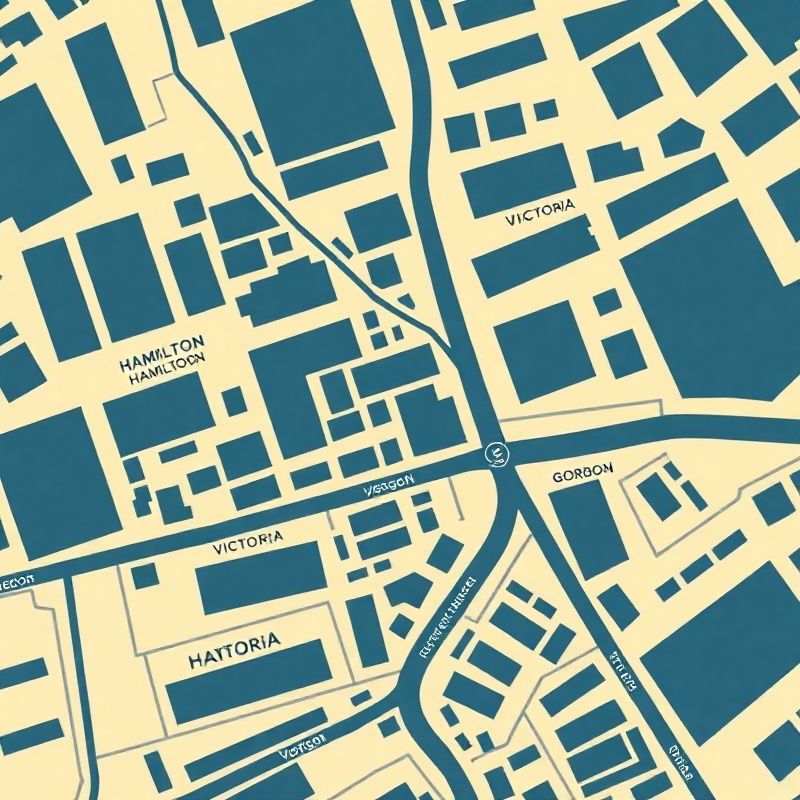 Illustrated map of Victoria Street and Gordon Street in central Hamilton