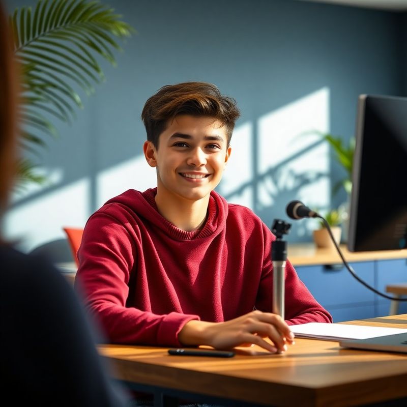 Prospective student in a relaxed video interview at a modern indigo-accented desk