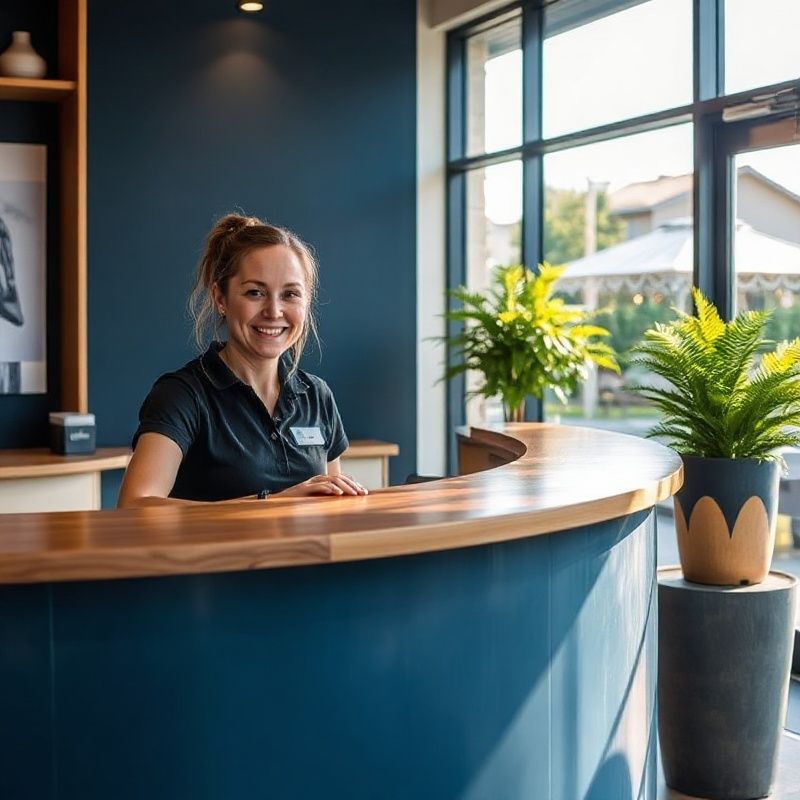 Dunedinsys reception with an indigo-accented interior and a welcoming staff member