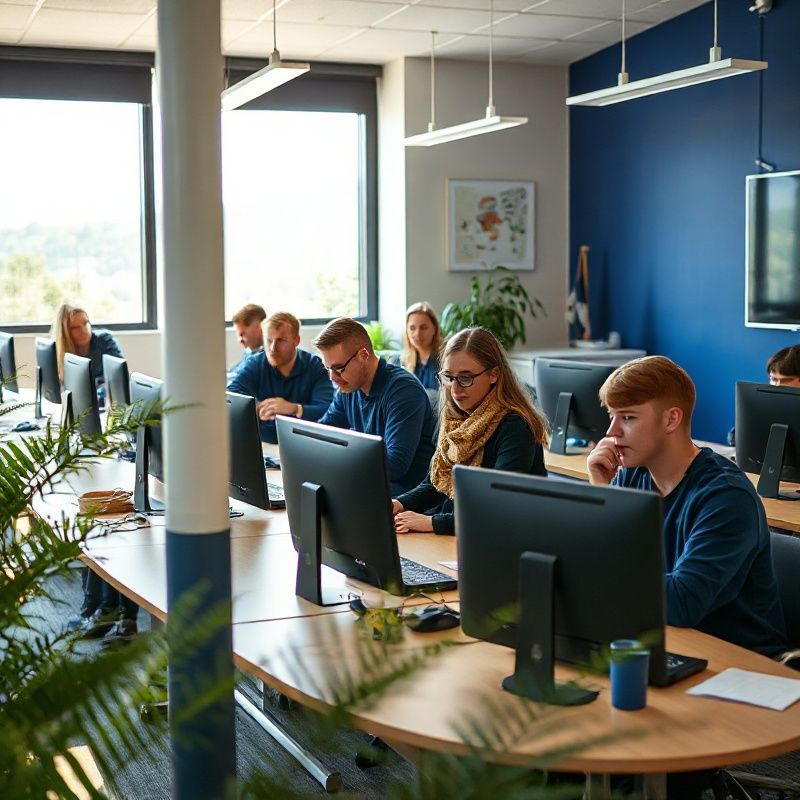 A small cohort of students working at indigo-tech workstations inside the Dunedinsys Hamilton campus